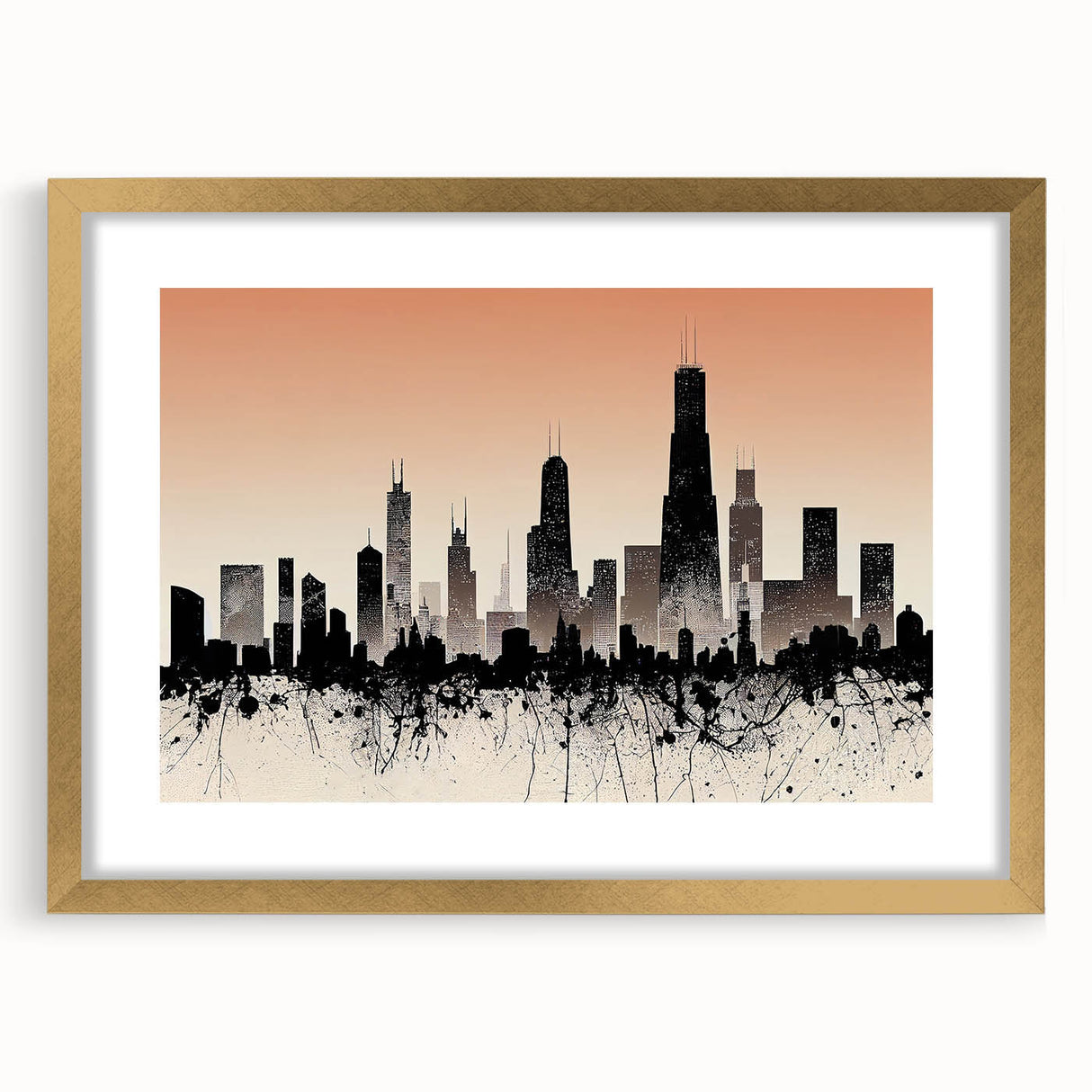 Extra large abstract art print of Chicago skyline in textured gold frame, ideal for living room decor.