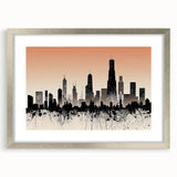 Textured abstract art print of Chicago skyline in muted gray and blue tones on a silver-framed mat, ideal for bedroom art.