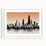 Abstract art print of Chicago skyline in muted gray and blue tones on a framed canvas, suitable for dining room decor.