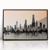 Large abstract wall art depicting Chicago skyline in muted black and gray on framed acrylic.