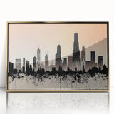 Framed acrylic print of Chicago skyline in gold tones, ideal for modern art wall decor.