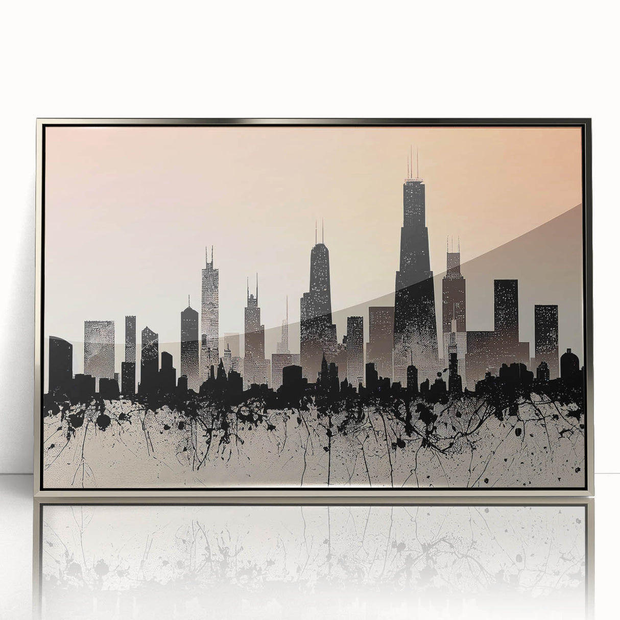 Mid-century modernist art of Chicago skyline in silver framed acrylic, featuring muted blue and gray tones.