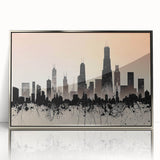 Mid-century modernist art of Chicago skyline in silver framed acrylic, featuring muted blue and gray tones.