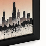 Extra large framed canvas featuring a textured depiction of the Chicago skyline in black with colorful art accents.