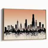 Framed canvas wall art featuring a vintage poster of the Chicago skyline in black and gold tones, ideal for bedroom decor.