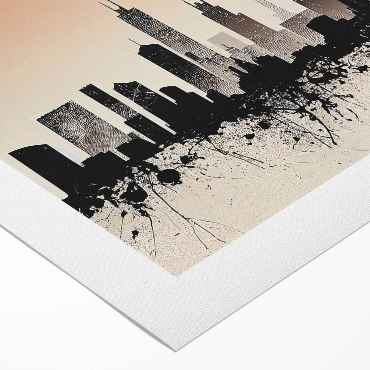 Art deco poster of Chicago skyline in monochrome shades on rolled canvas, suitable for dining room wall art.