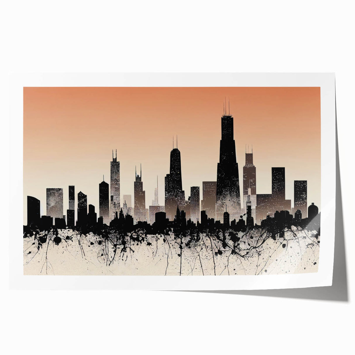 Extra large rolled print of Chicago skyline with muted gray and blue tones, ideal for art wall dining room.