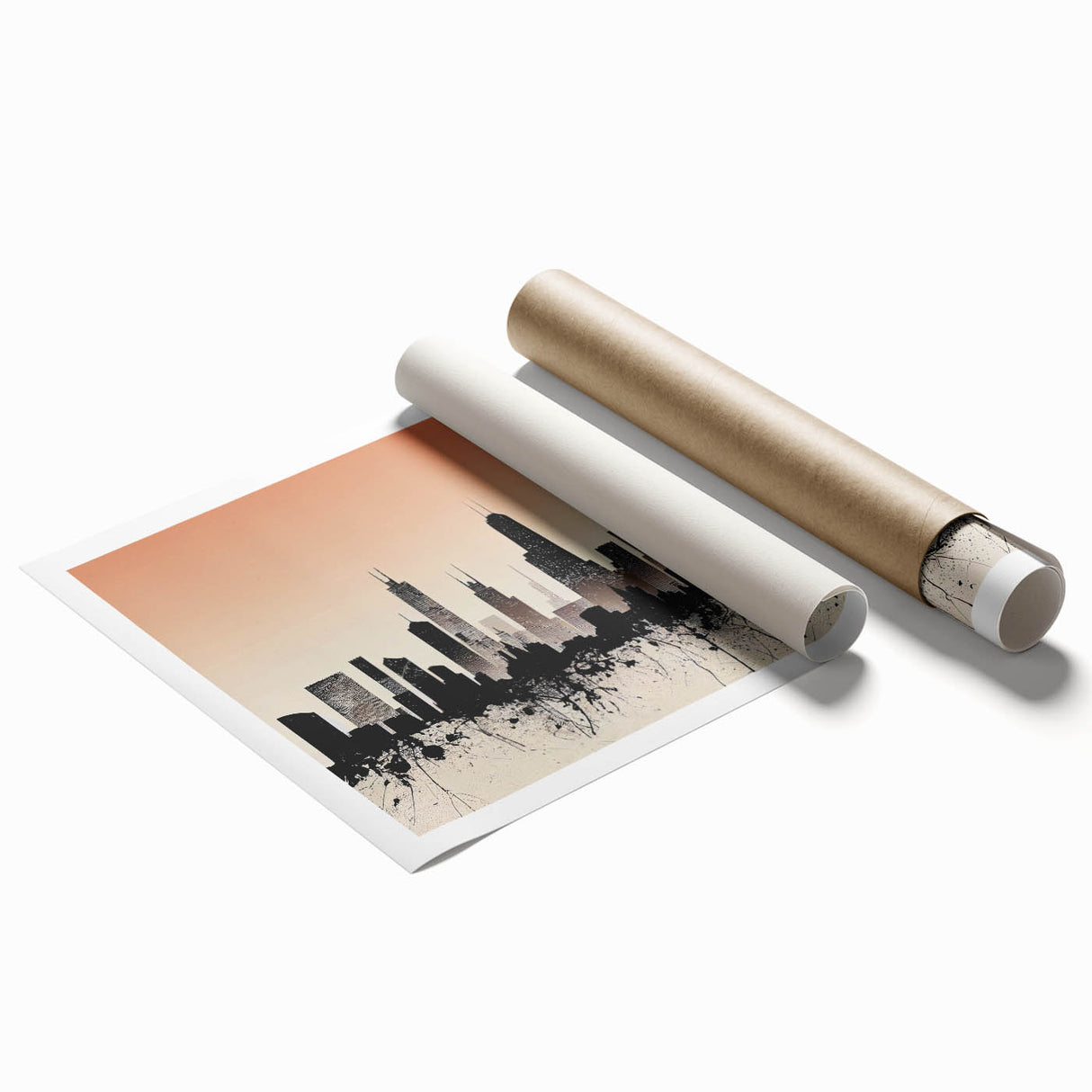 Extra large rolled print featuring a serene Chicago skyline with a floral foreground in muted colors.