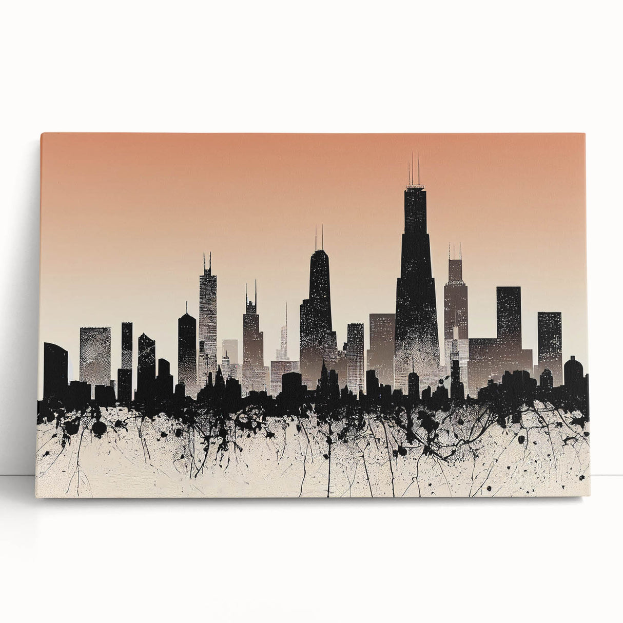 Black and white large art canvas depicting the Chicago skyline, ideal for kitchen wall art or bedroom ambiance.
