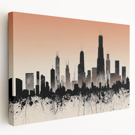 Chicago skyline depicted in muted gray and blue tones on a large stretched canvas, suitable for kitchen wall art.