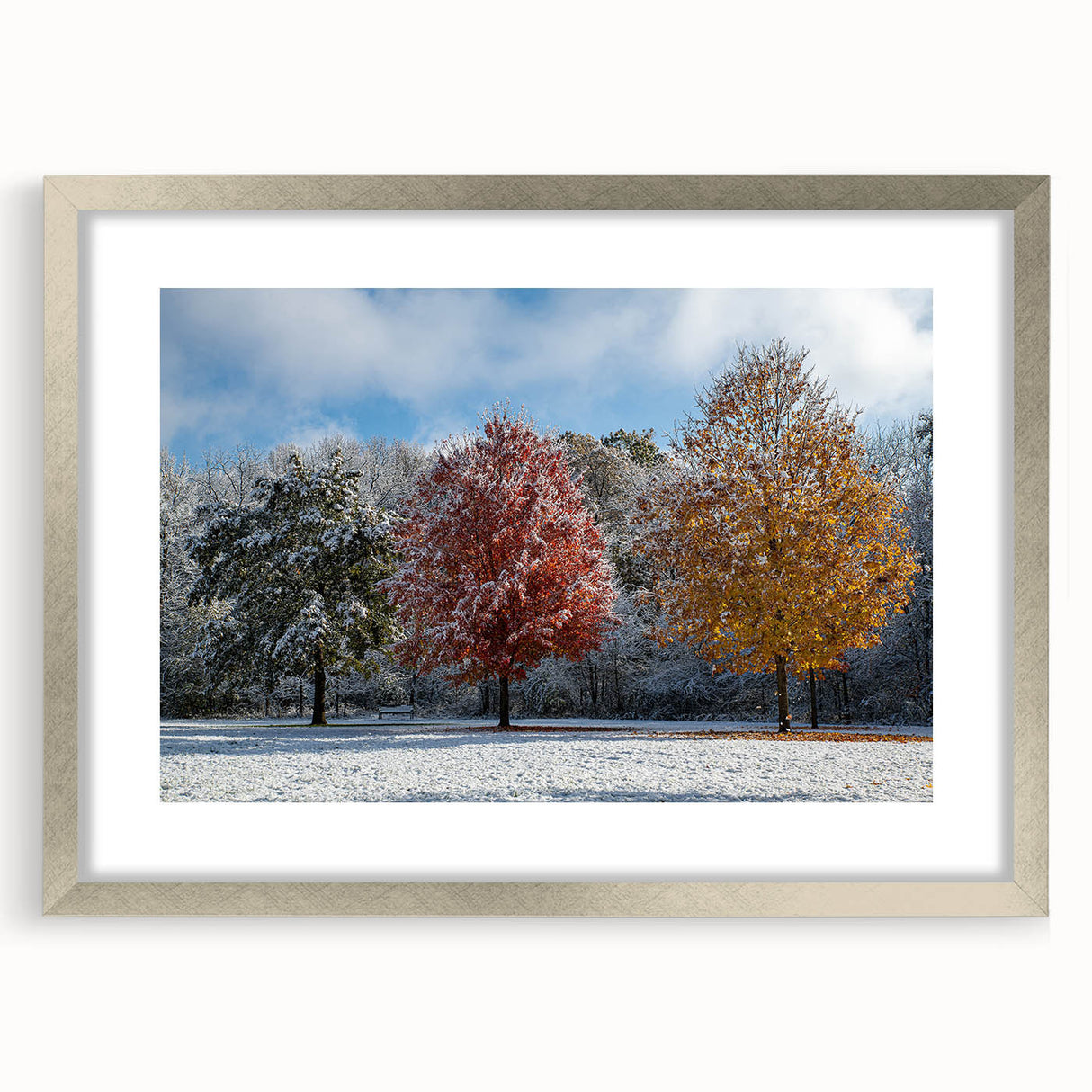 Textured abstract art print of Iowa scenery in muted earth tones on a silver-framed mat, ideal for bedroom art.