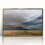 Mid-century modernist style large art print of a Kansas scenery in muted gold and green tones on framed acrylic.