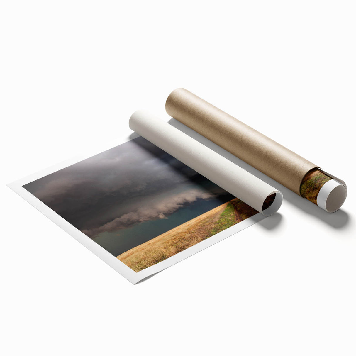 Extra large rolled print of a floral Kansas scenery in soft blue and green tones, suitable for classy bathroom wall art.
