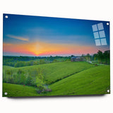 Large abstract wall art depicting Kentucky scenery in vibrant greens and blues on acrylic glass.