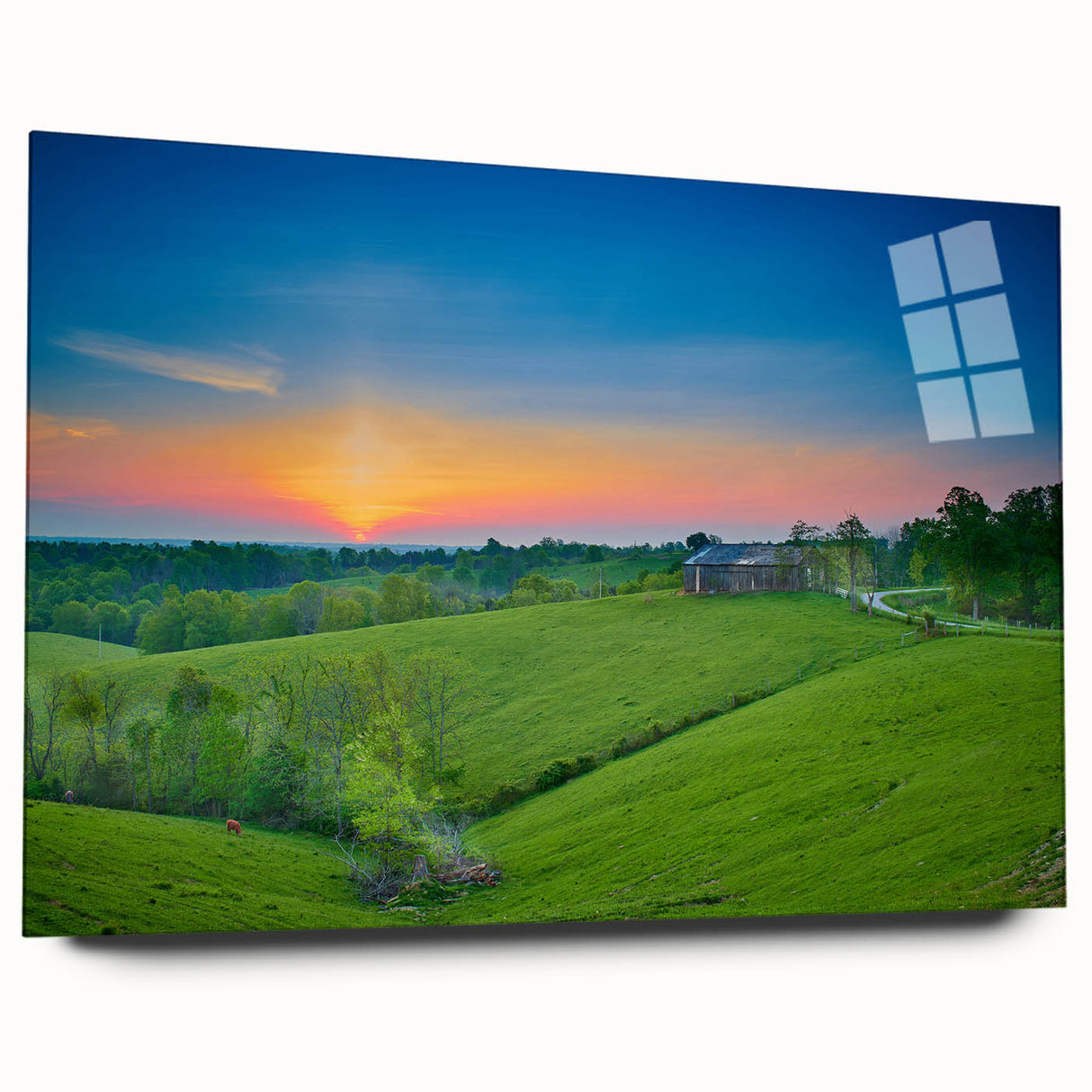 Large abstract depiction of Kentucky scenery in muted earth tones on acrylic glass.