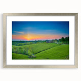 Textured abstract art print of Kentucky scenery in muted earth tones, framed in silver, ideal for bedroom decor.