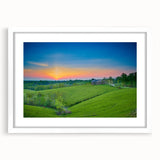 Abstract art print of Kentucky scenery in muted earth tones on a framed white mat, suitable for dining room decor.