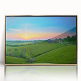 Large art print of Kentucky scenery in gold frame on acrylic, featuring mid-century modernist style.