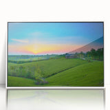 Framed acrylic print of a Kentucky landscape in muted green and blue tones, ideal for modern art wall decor.