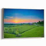 Framed canvas of a Kentucky landscape in muted green and brown tones, suitable for office decor.