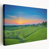Scenic Kentucky landscape on stretched canvas, featuring green rolling hills and blue skies, suitable for kitchen wall art.