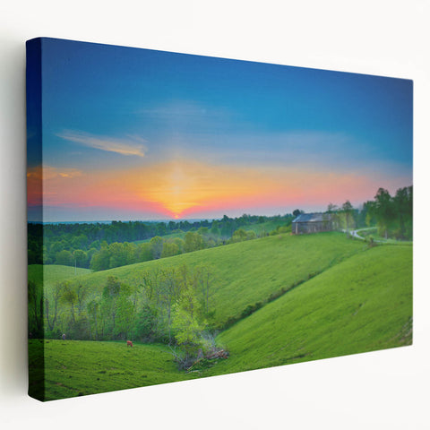 Scenic Kentucky landscape on stretched canvas, featuring green rolling hills and blue skies, suitable for kitchen wall art.