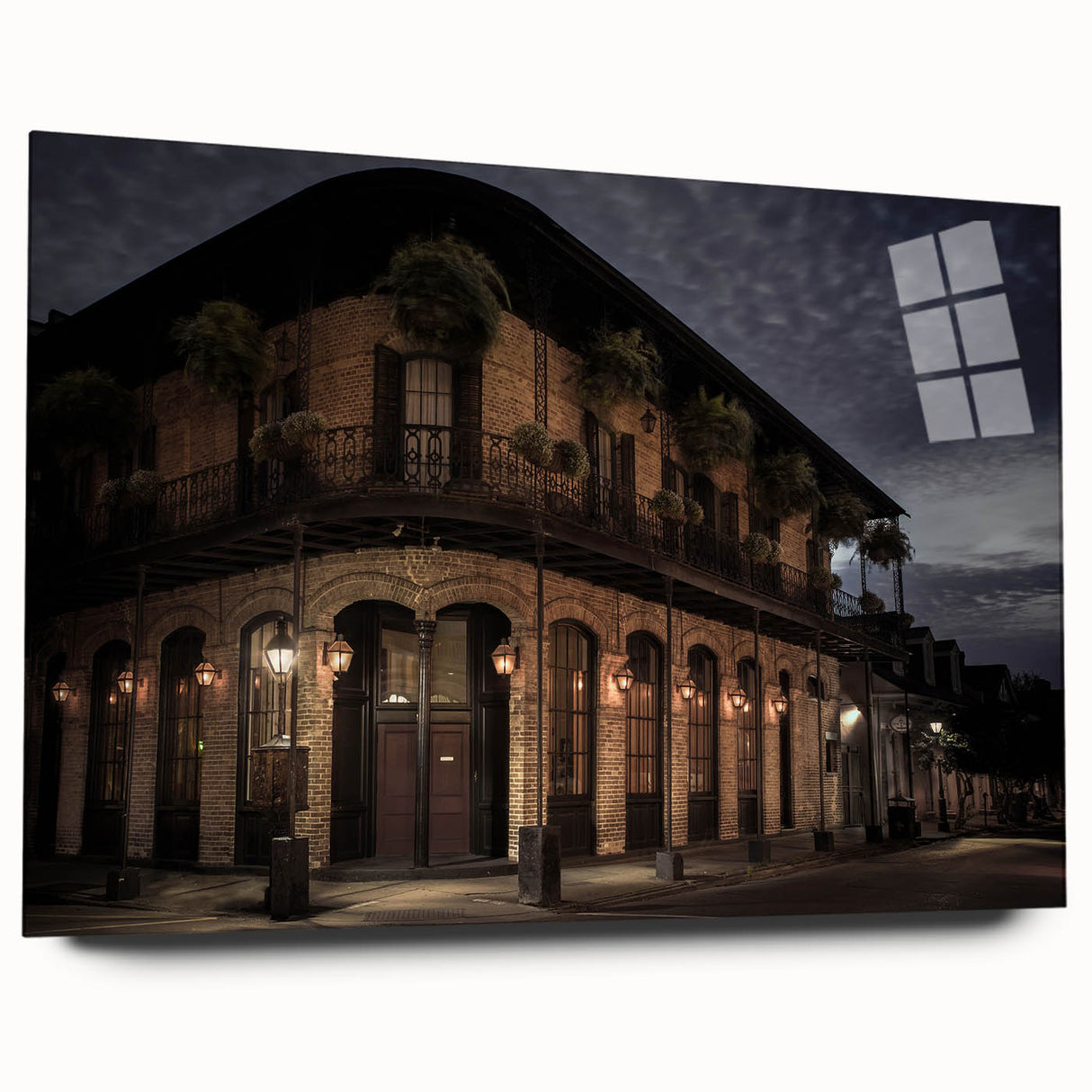 Acrylic print of a large abstract depiction of New Orleans in muted blues and greens.