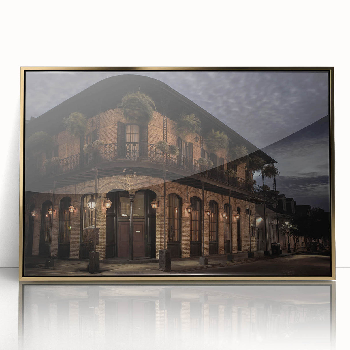 Acrylic print of New Orleans scenery in mid-century modernist style with gold framing, suitable for modern art wall decor.