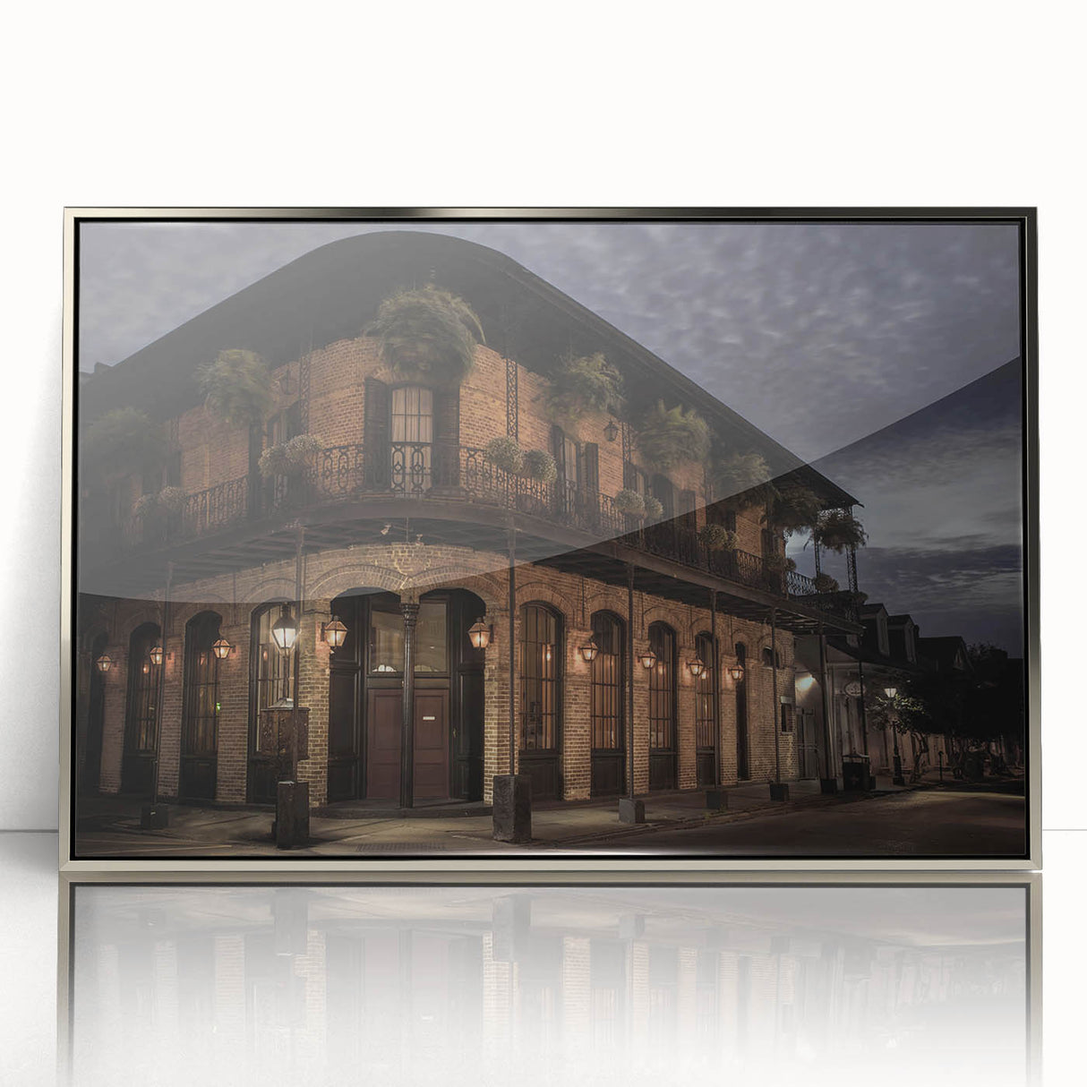 Mid-century modernist art of New Orleans scenery in silver-framed acrylic, featuring soft pastel tones.