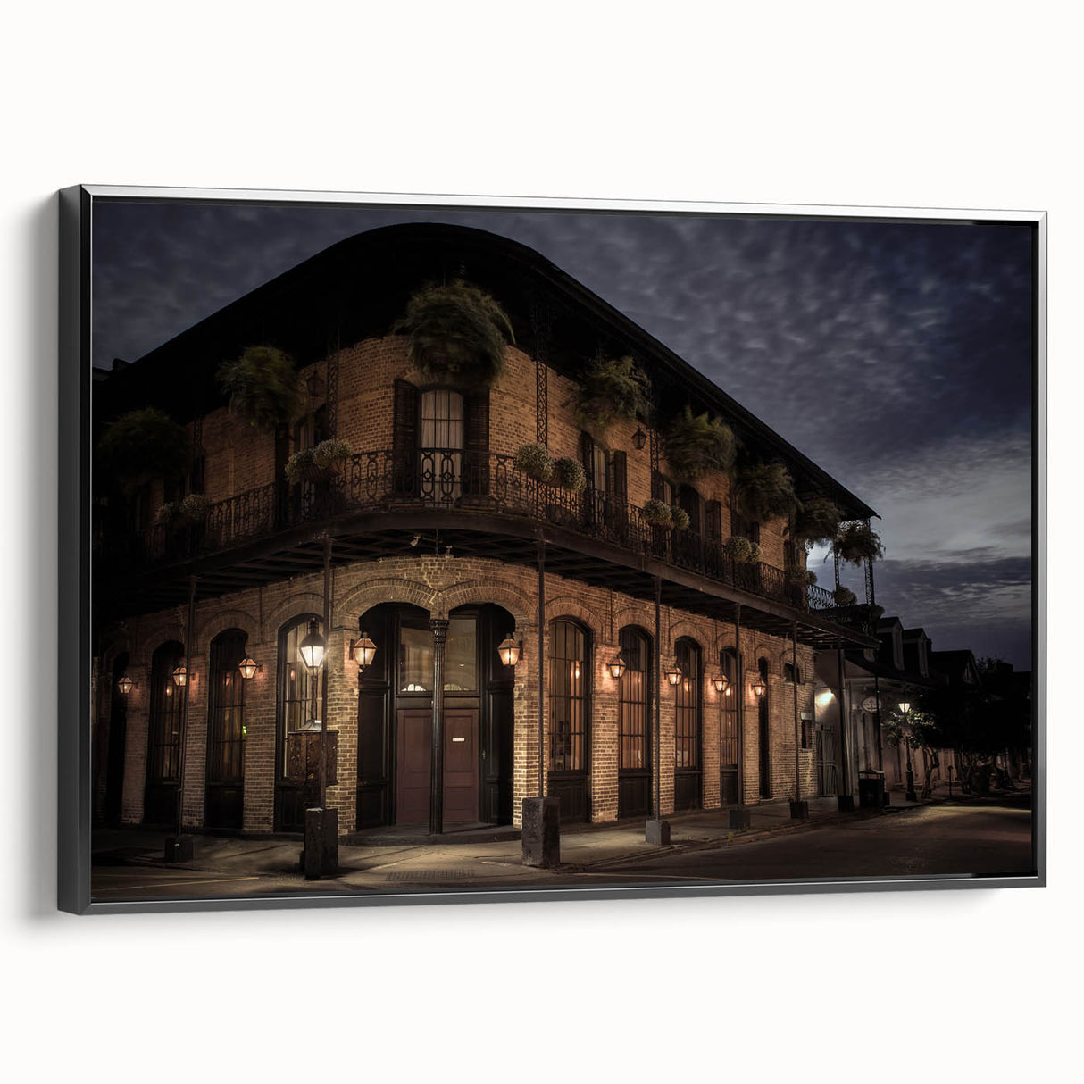 Black and white framed canvas of a vintage New Orleans landscape, ideal for bedroom wall art.