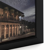 Extra large framed canvas of a textured New Orleans scenery in black with colorful accents, ideal for living room decor.
