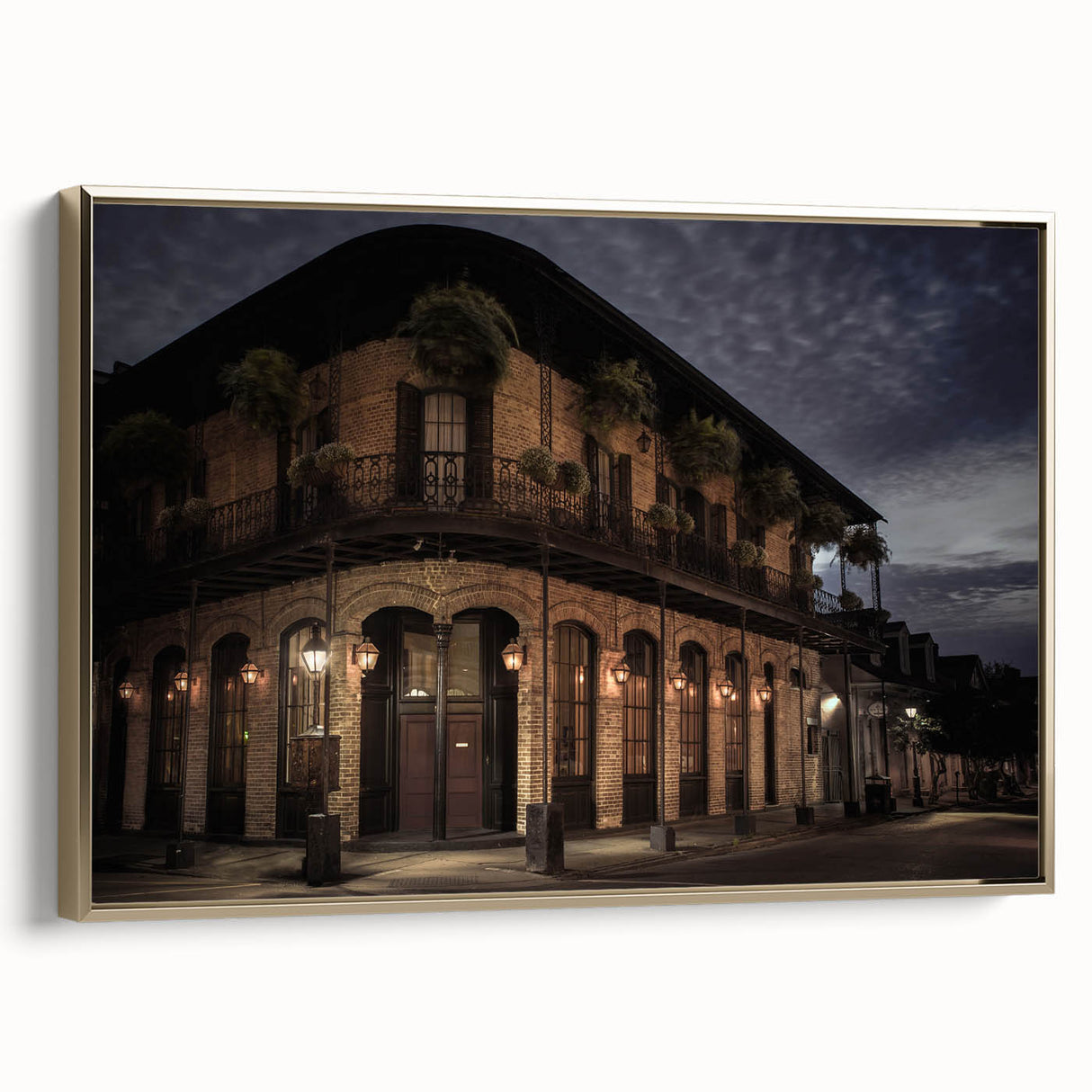Framed canvas featuring a vintage-style New Orleans landscape in black and gold tones, suitable for bedroom wall art.