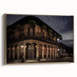 Framed canvas featuring a vintage-style New Orleans landscape in black and gold tones, suitable for bedroom wall art.