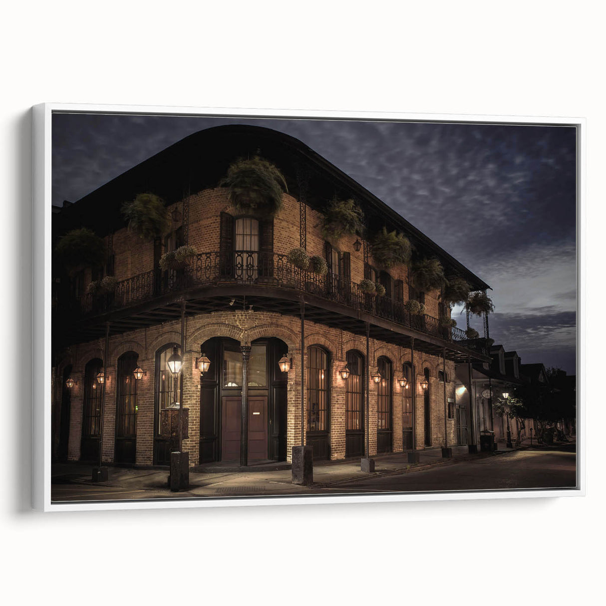 Vintage poster art of New Orleans in colorful hues on a large framed canvas, ideal for living room decor.