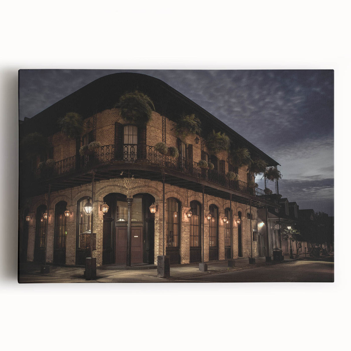 Black and white stretched canvas of New Orleans street scene, ideal for kitchen art.