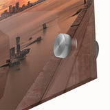 Mid-century modernist large abstract wall art of Louisiana scenery in muted green and blue tones on acrylic glass.