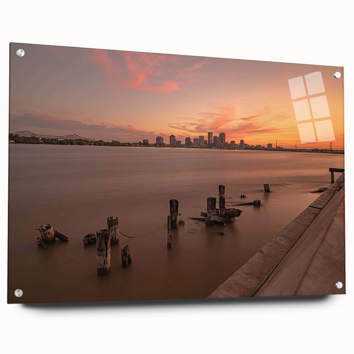 Acrylic print of a Louisiana landscape, featuring muted green and blue tones, ideal for dining room decor.