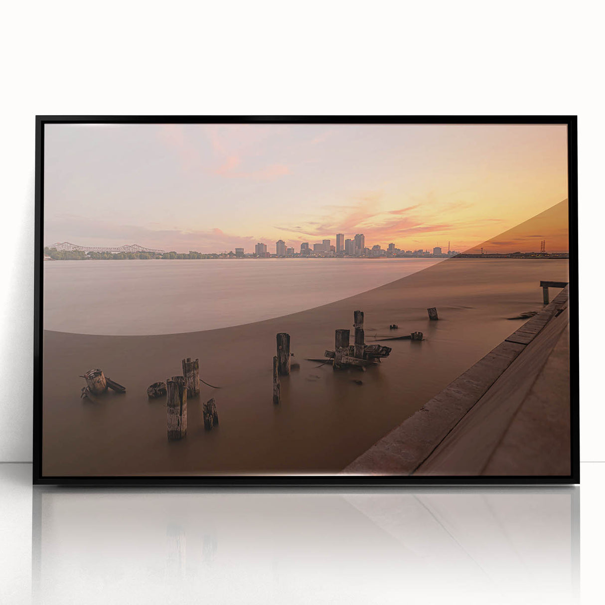 Large abstract wall art depicting a vibrant Louisiana landscape in mid-century modernist style on a framed acrylic.