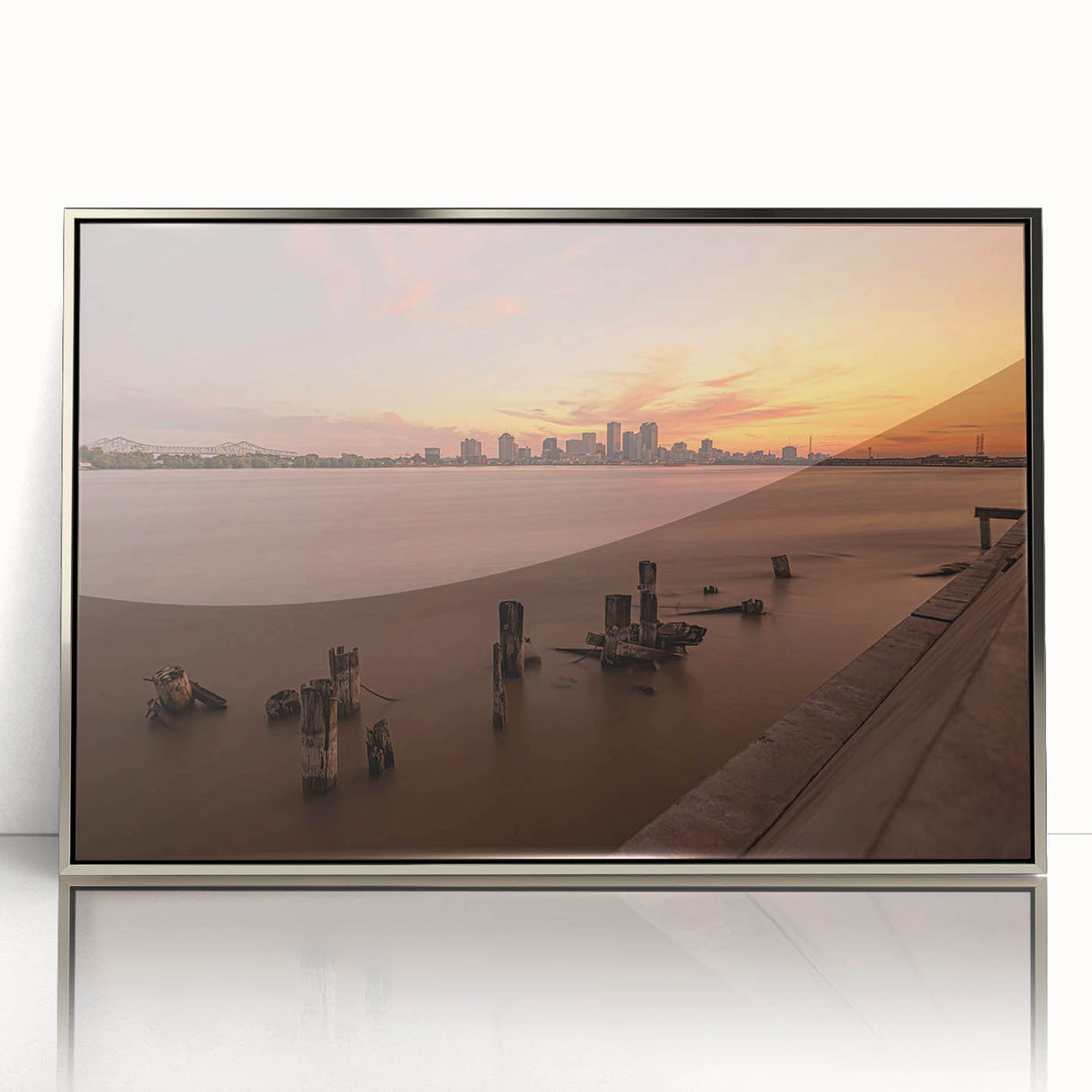 Mid-century modernist art depicting a Louisiana scenery in silver framed acrylic.