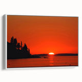 Vintage poster art of a Maine scenery on a white-framed canvas, featuring vibrant colors, ideal for living room decor.