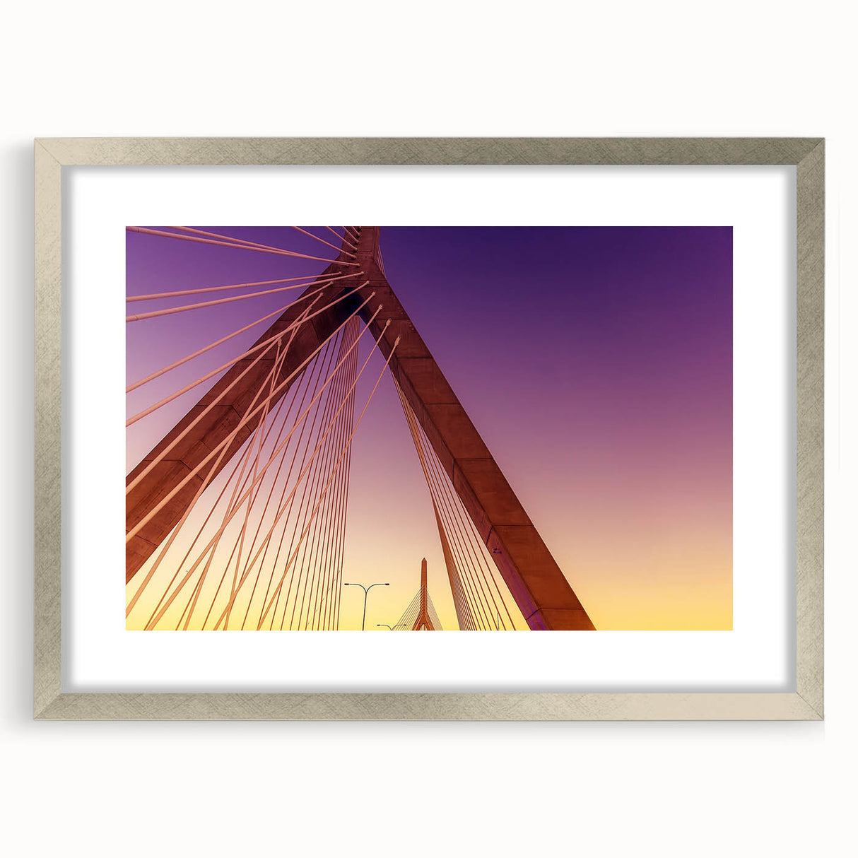 Textured art print of an abstract Boston skyline in muted blue and gray tones, framed in silver, ideal for bedroom art.