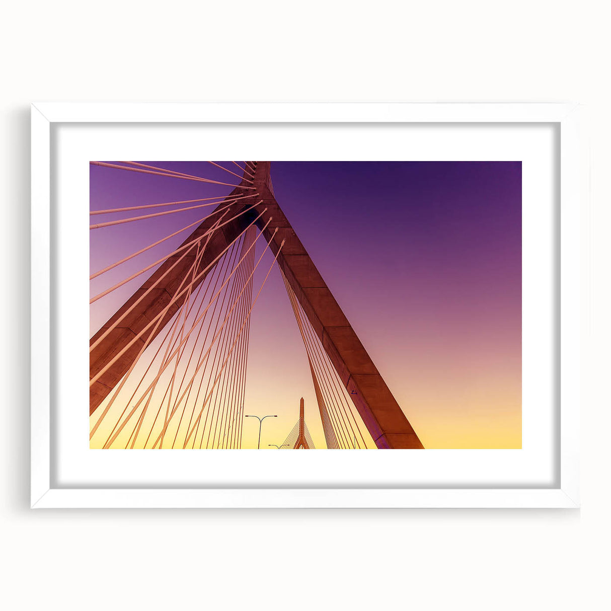 Abstract art print of Boston skyline in muted gray and blue tones, framed with a white mat.