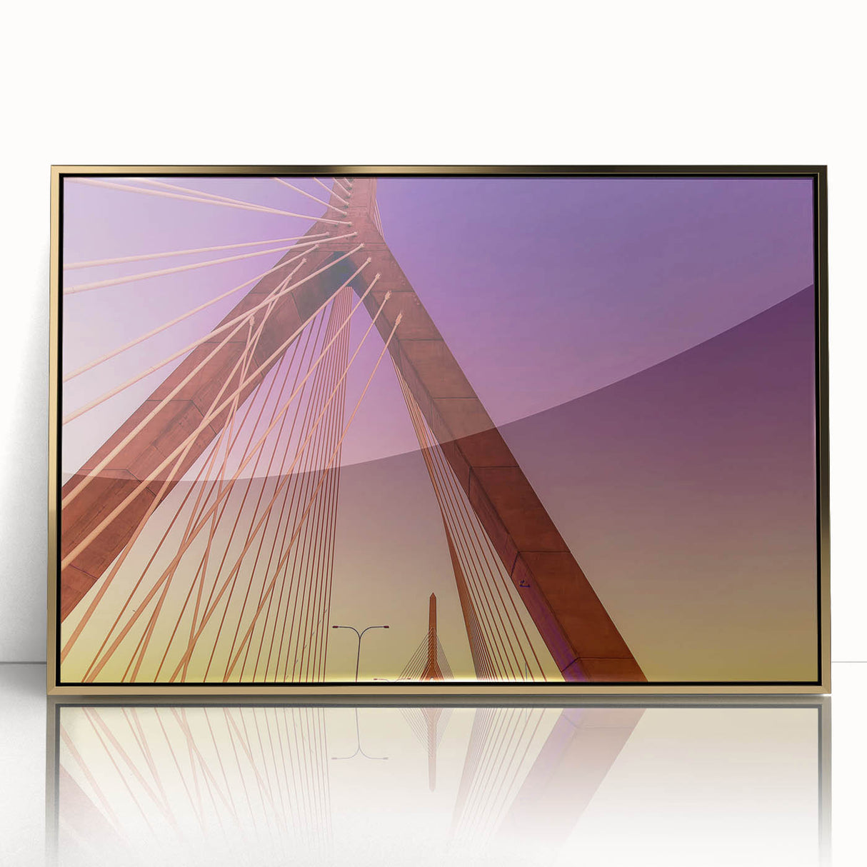 Large art print of Boston skyline in gold and blue tones on framed acrylic, ideal for modern art wall decor.