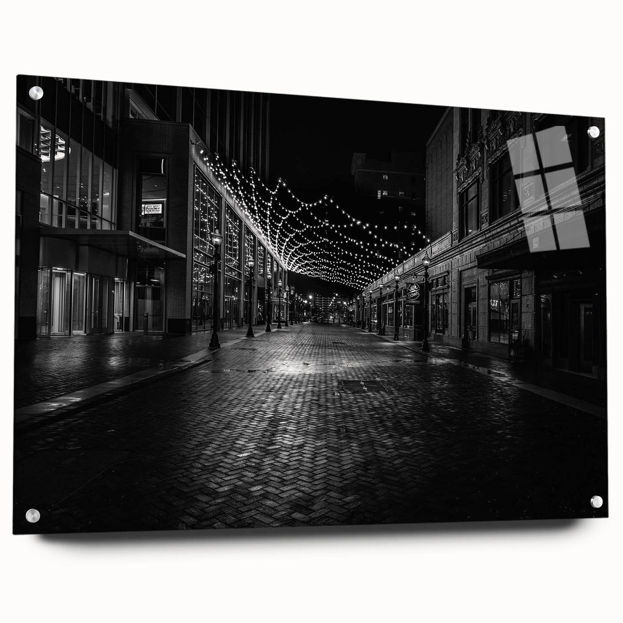 Acrylic print of Detroit skyline in muted gray and blue tones, suitable for modern bedroom or dining room decor.