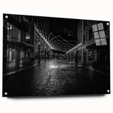 Acrylic print of Detroit skyline in muted gray and blue tones, suitable for modern bedroom or dining room decor.