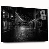 Large abstract wall art of Detroit skyline in muted gray and blue tones on acrylic glass.