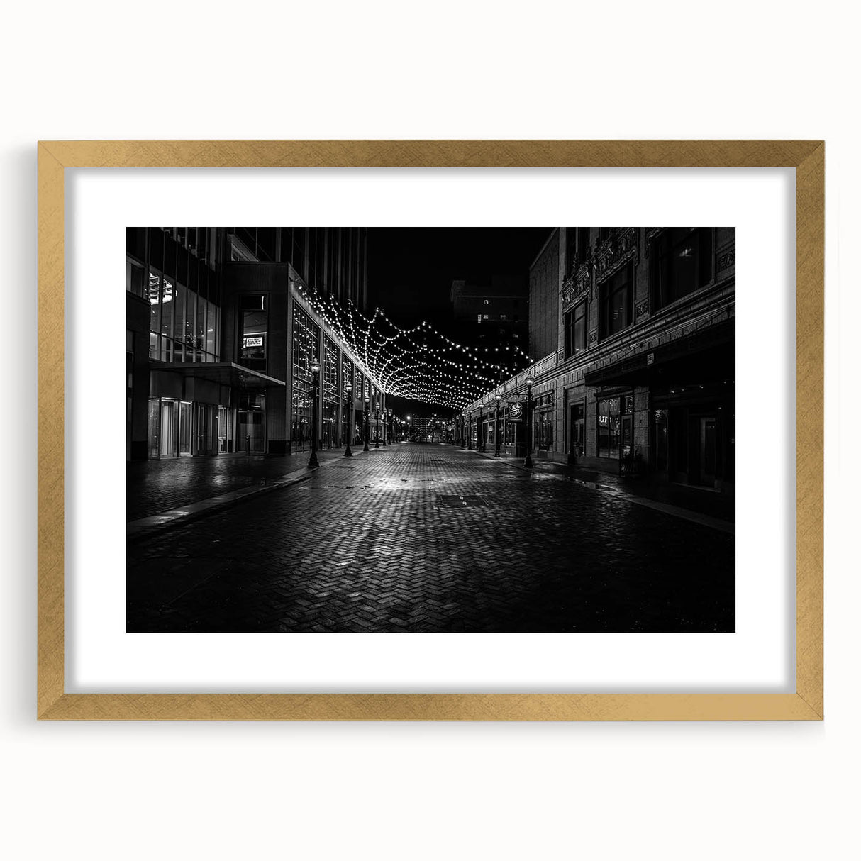 Abstract art print of Detroit skyline in textured gold frame, using muted earth tones.