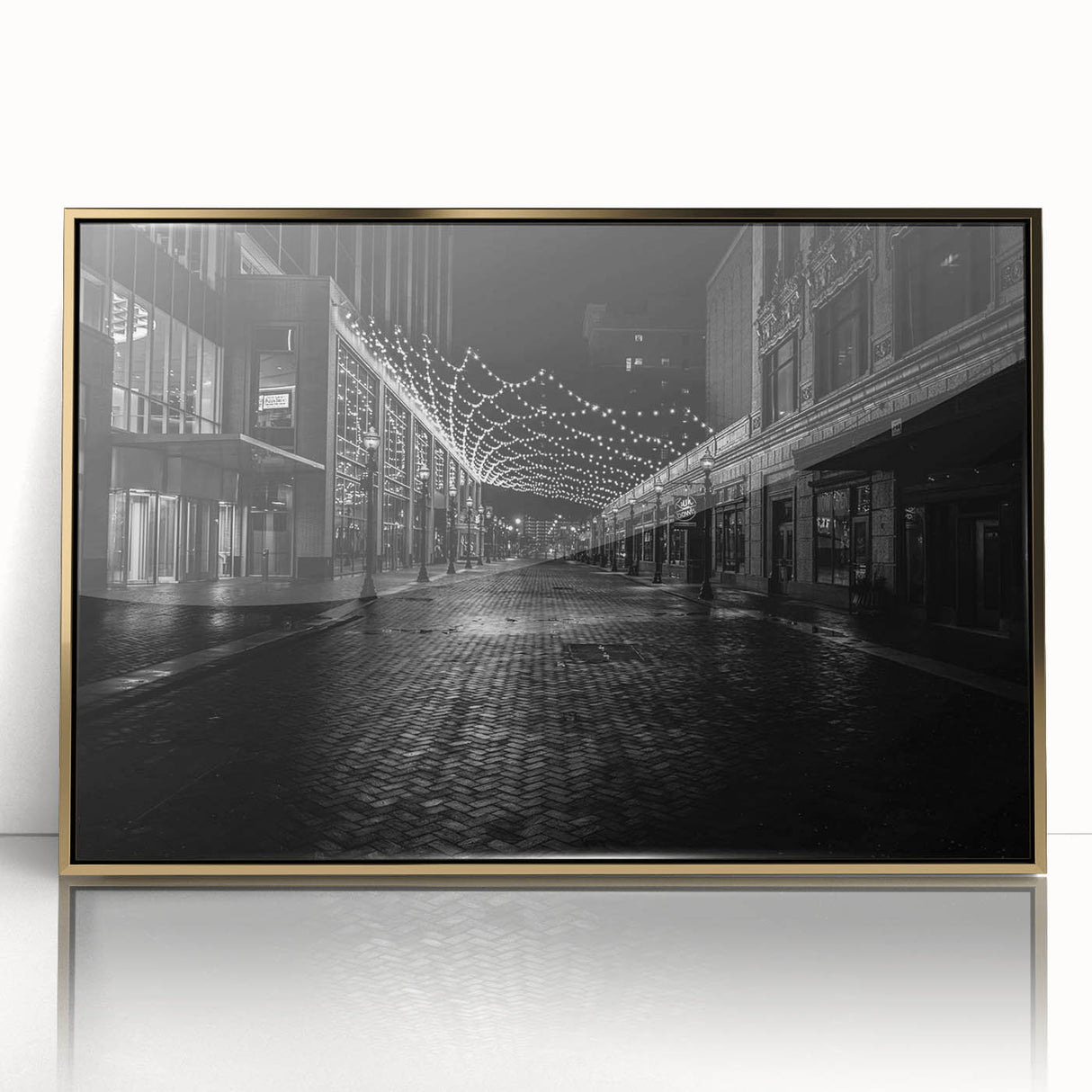Mid-century modernist acrylic print of Detroit skyline in muted gold tones, ideal for modern art wall decor.