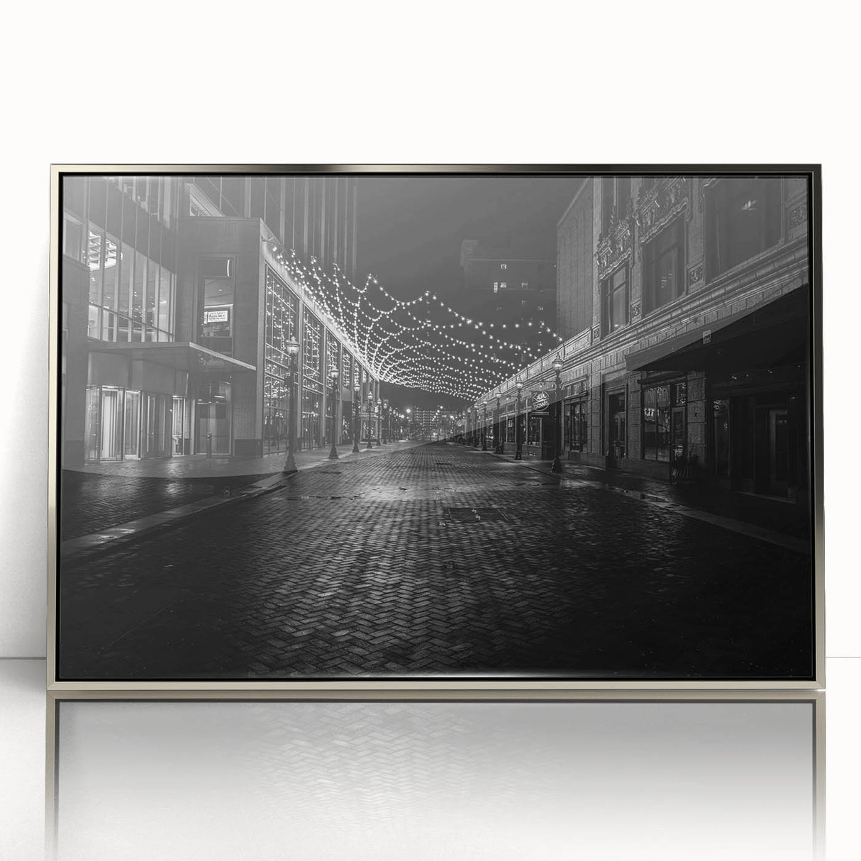Mid-century modernist art depicting Detroit skyline in muted metallic tones on a framed acrylic print.