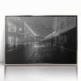 Mid-century modernist art depicting Detroit skyline in muted metallic tones on a framed acrylic print.